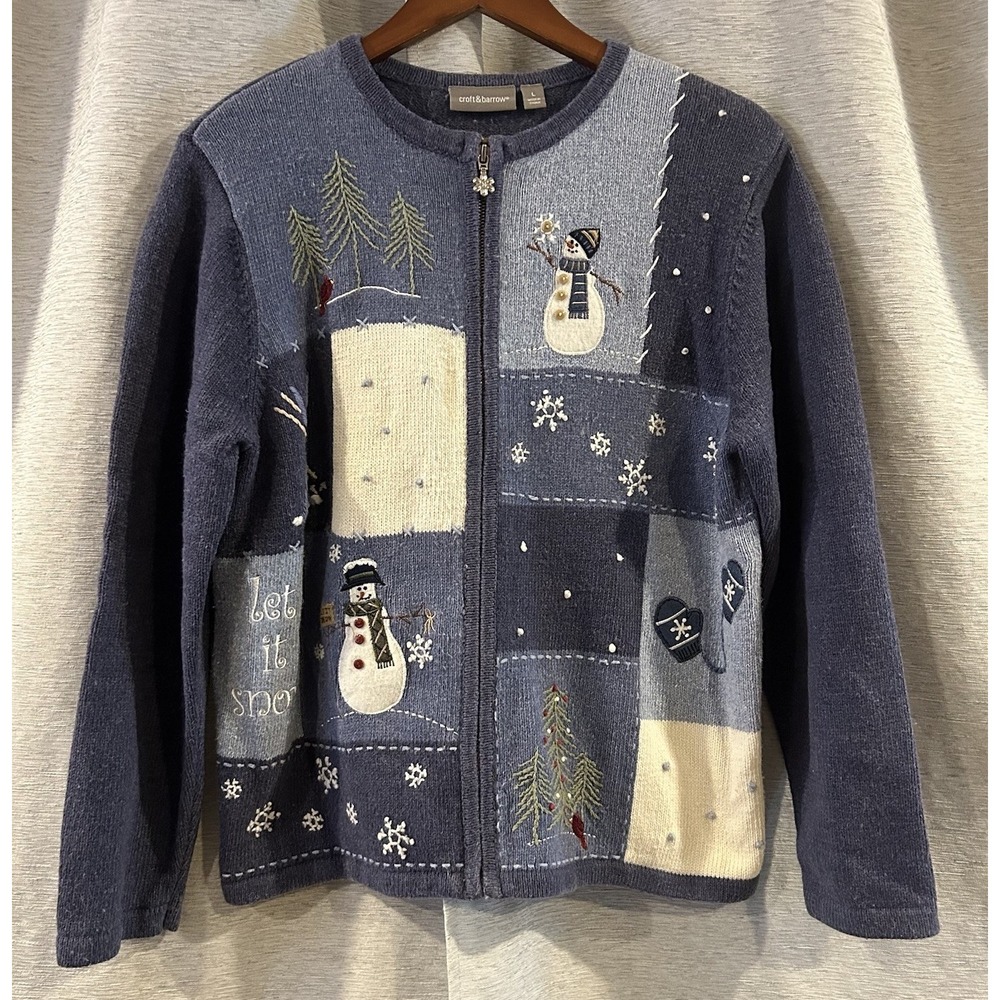 Croft & Barrow Christmas Cardigan Sweater Women L Zip Blue‎ Snowmen Snowflakes